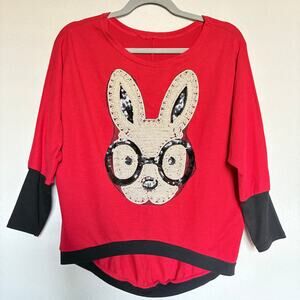 Vintage Red Bunny Cropped Sequin Graphic Top Long Sleeve Kawaii Retro M Y2K